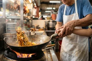 An elderly chef guiding a younger hand to toss stir-fried noodles in a large wok over an open flame at a commercial hawker kitchen.