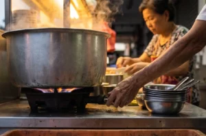 A large metal pot steaming on a gas burner flame at an outdoor street food stall.