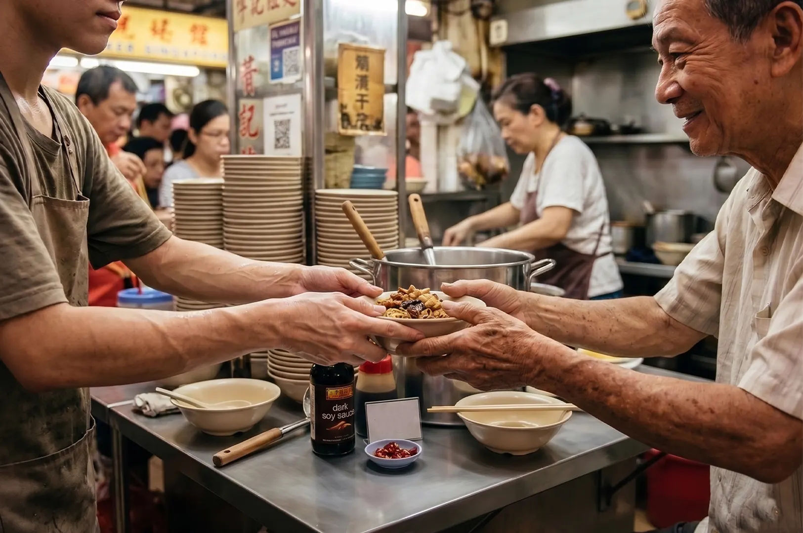 A food stall worker passing a bowl of noodles to an elderly customer at a busy hawker center counter.