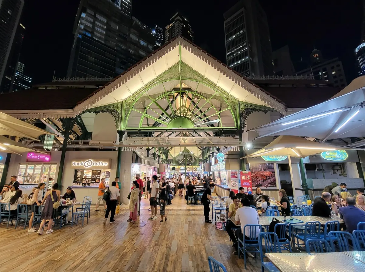 A wide shot of a busy outdoor hawker center at night, with diners seated at long orange tables and a variety of food trays in the foreground.
