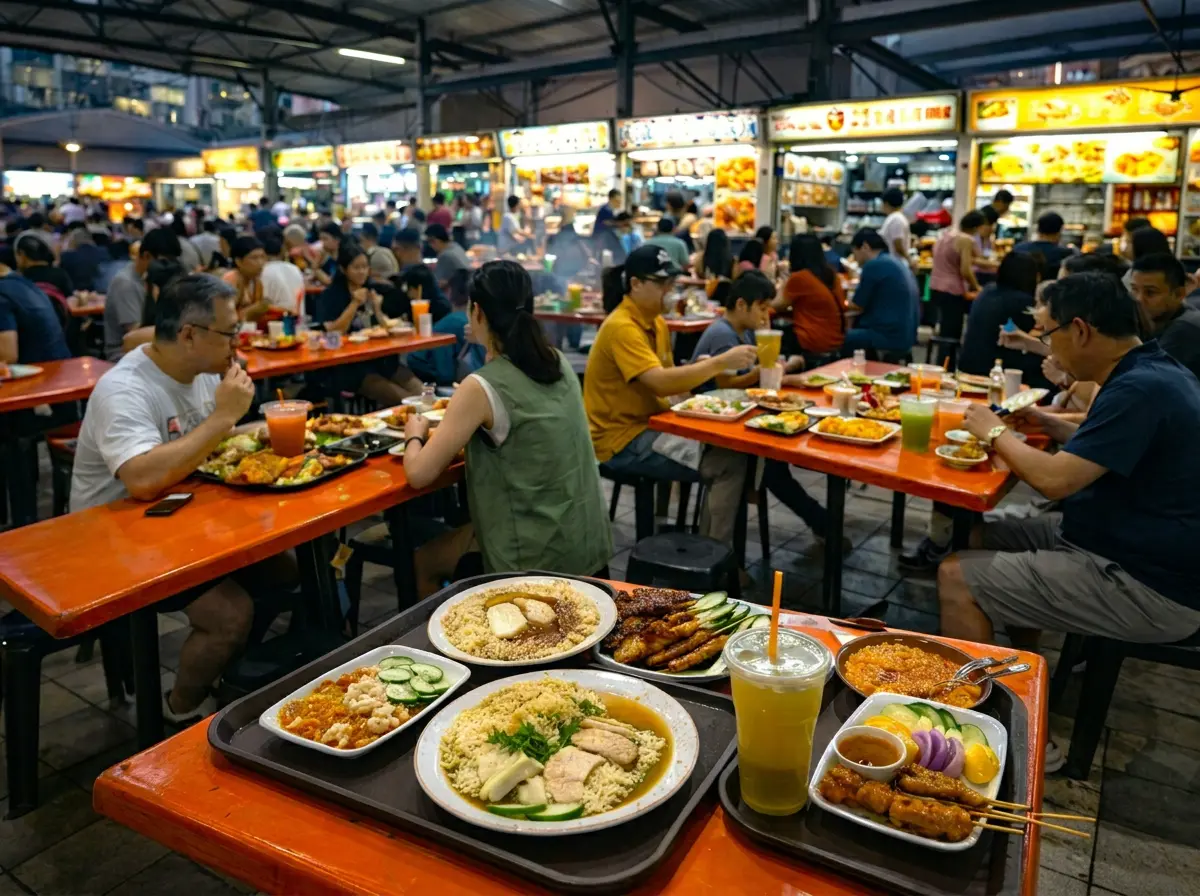 A bustling evening at an outdoor hawker center, with people dining at orange tables and trays of local dishes like satay and chicken rice in the foreground.