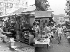 A black-and-white side-by-side historical view of a bustling outdoor street market with vendor stalls, pedestrians, and old buildings.