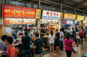Busy hawker center food street in Singapore featuring stalls selling Ah Leng's Laksa, Hock Kee Chicken Rice, and Seng Heng Hokkien Mee with customers queueing up.