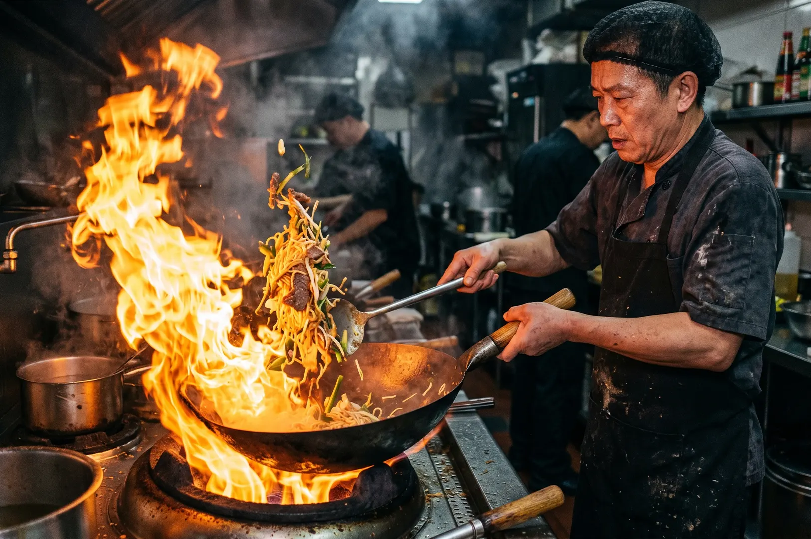 Professional chef cooking stir-fry noodles in a wok over a high flame with dramatic wok hei fire effect in a commercial restaurant kitchen.