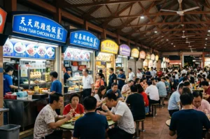 People dining at popular Tian Tian Chicken Rice and Ah Tai Chicken Rice stalls in a busy Singapore hawker center.