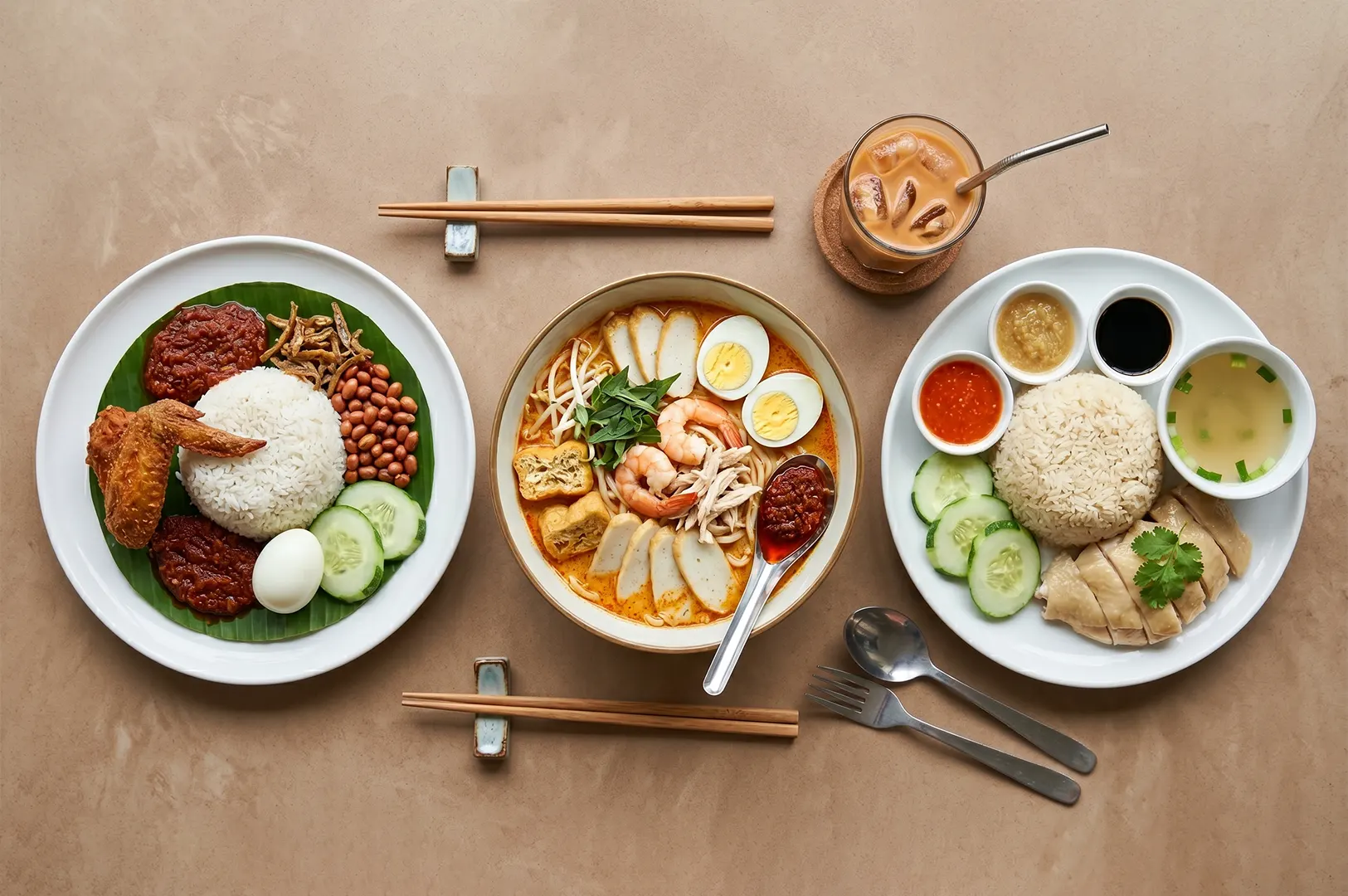 Top-down view of a delicious Southeast Asian meal featuring Nasi Lemak, Laksa, and Hainanese Chicken Rice served on a neutral background.