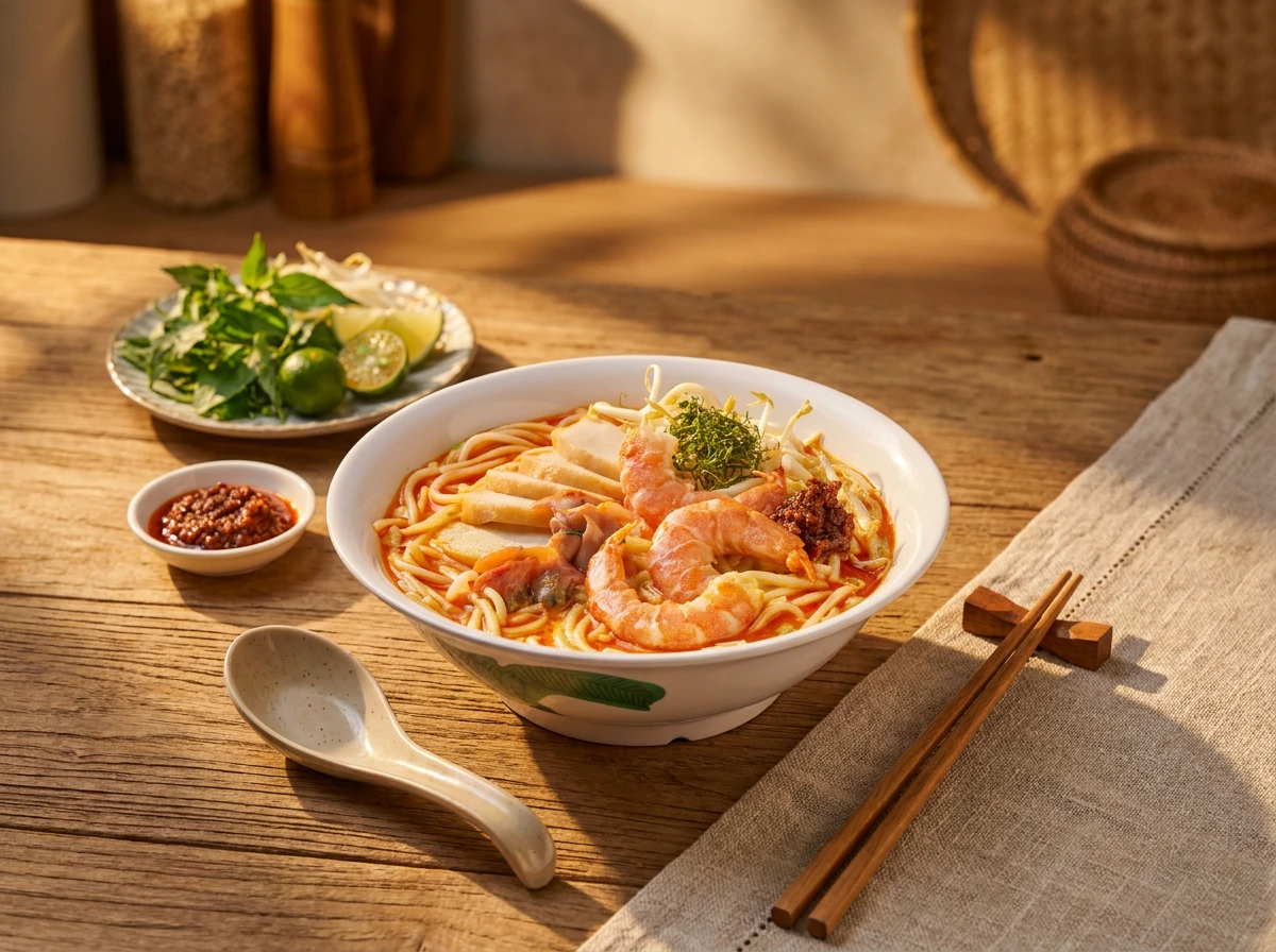 A bowl of laksa noodle soup topped with prawns, fish cakes, and herbs, served on a wooden table with chopsticks, a spoon, and side condiments.