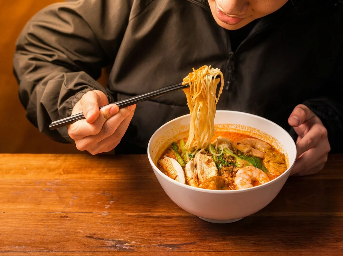 A person lifting a bundle of noodles with chopsticks from a large bowl of hot laksa soup filled with shrimp, chicken, and vegetables.