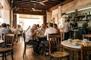 Elderly patrons enjoying coffee and kaya toast at a traditional kopitiam with round marble tables and wooden chairs.