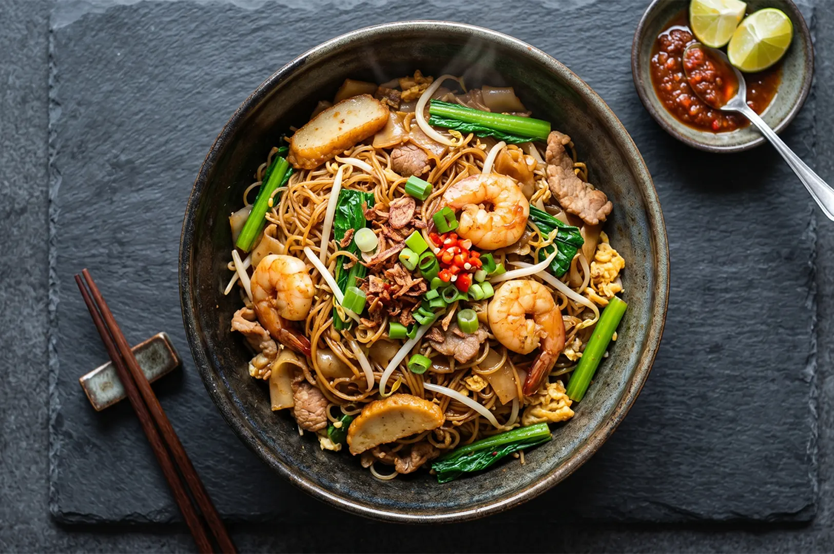 A bowl of stir-fried Char Kway Teow noodles with shrimp, fish cakes, and vegetables, served with chili paste and lime.