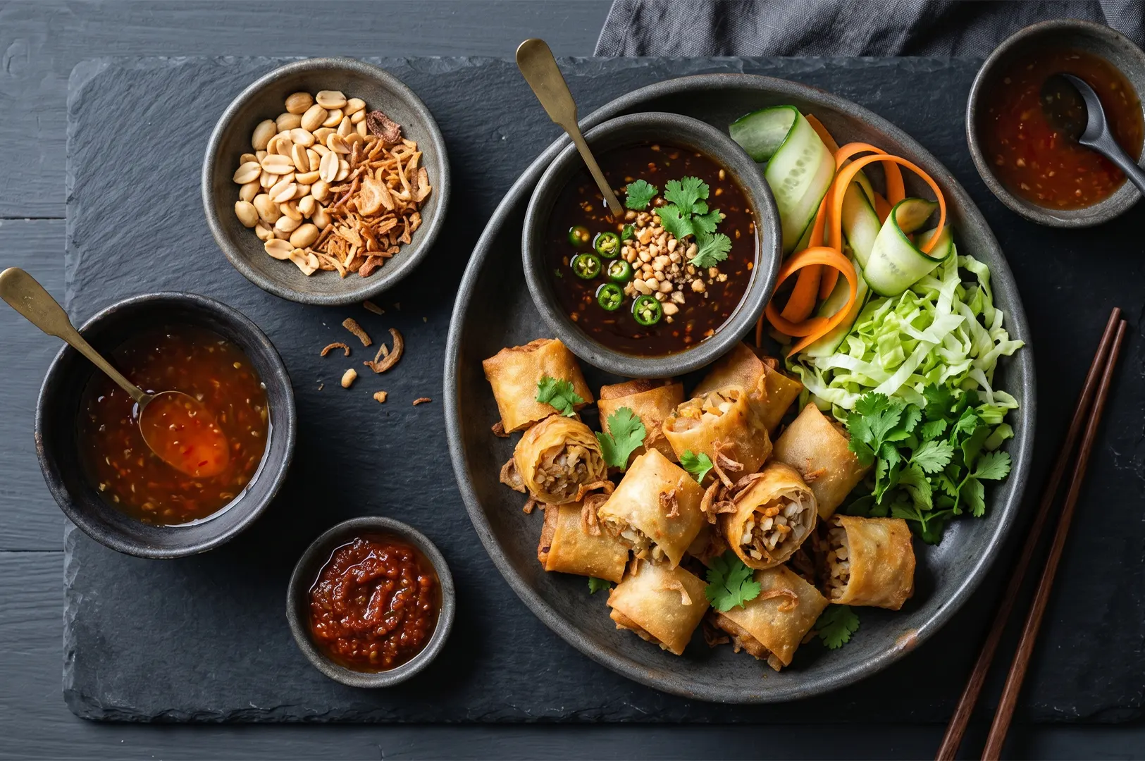 Crispy fried spring rolls served with dipping sauces, crushed peanuts, chili paste, and fresh vegetables on a dark platter.