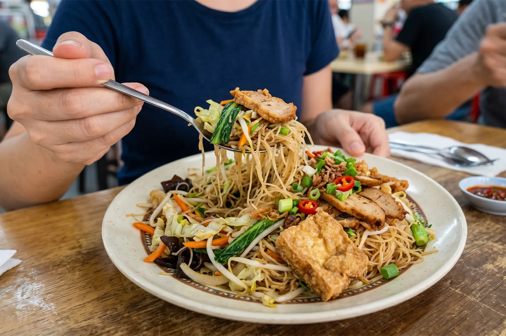 A person lifting a spoonful of vegetarian fried bee hoon noodles with fried tofu and vegetables at a hawker center.