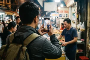 Tourist filming a street food vendor in Vietnam on a smartphone.