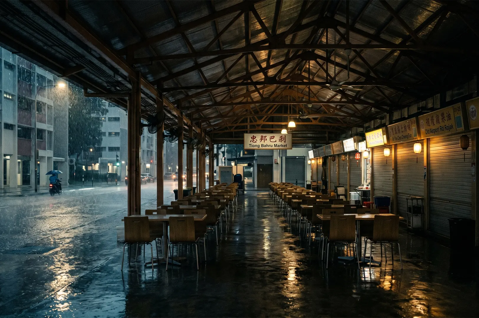 Empty outdoor seating area at Tiong Bahru Market in Singapore during a heavy rainstorm at night.