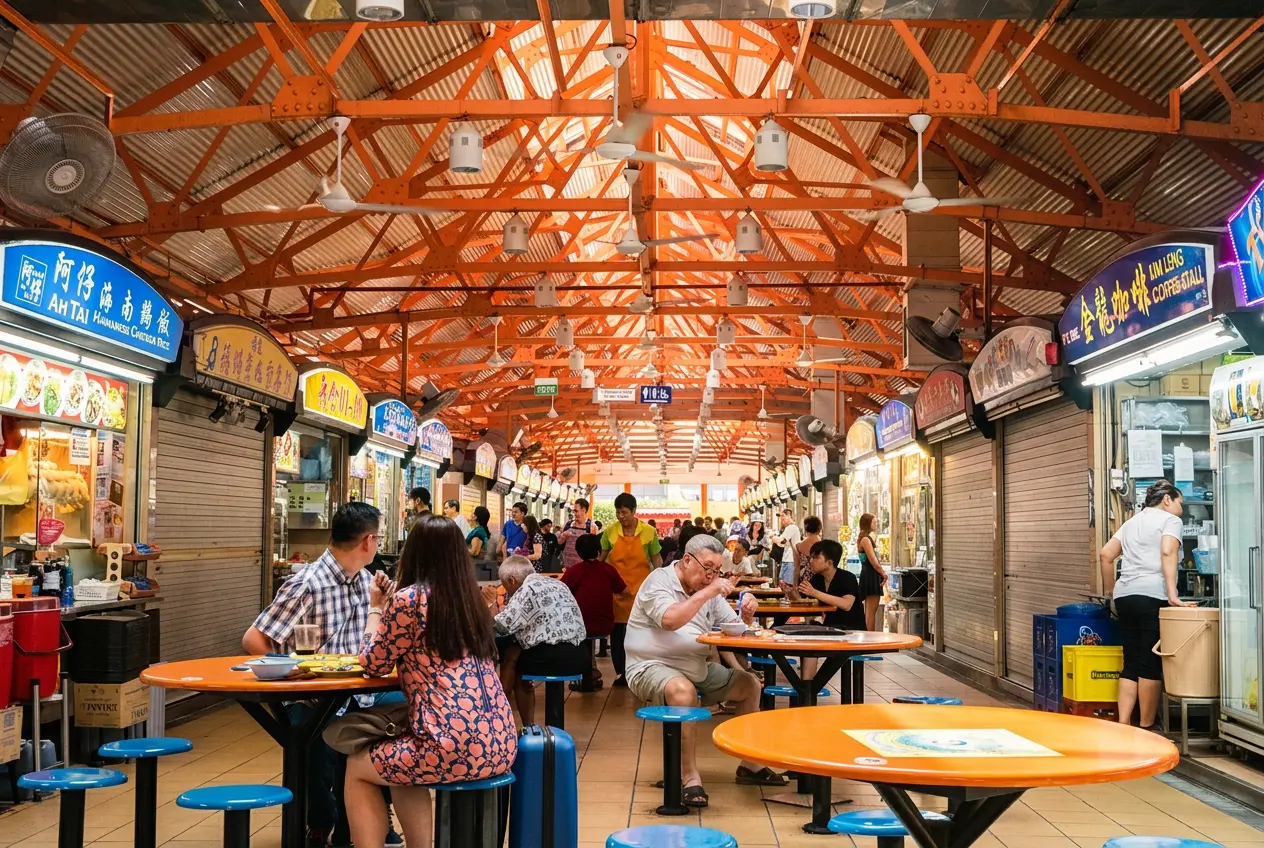 Lively interior of Maxwell Food Centre in Singapore, showcasing rows of patrons dining at round orange tables beneath a high, orange metal truss roof with ceiling fans, flanked by bustling food stalls like "Ah Tai Hainanese Chicken Rice.”