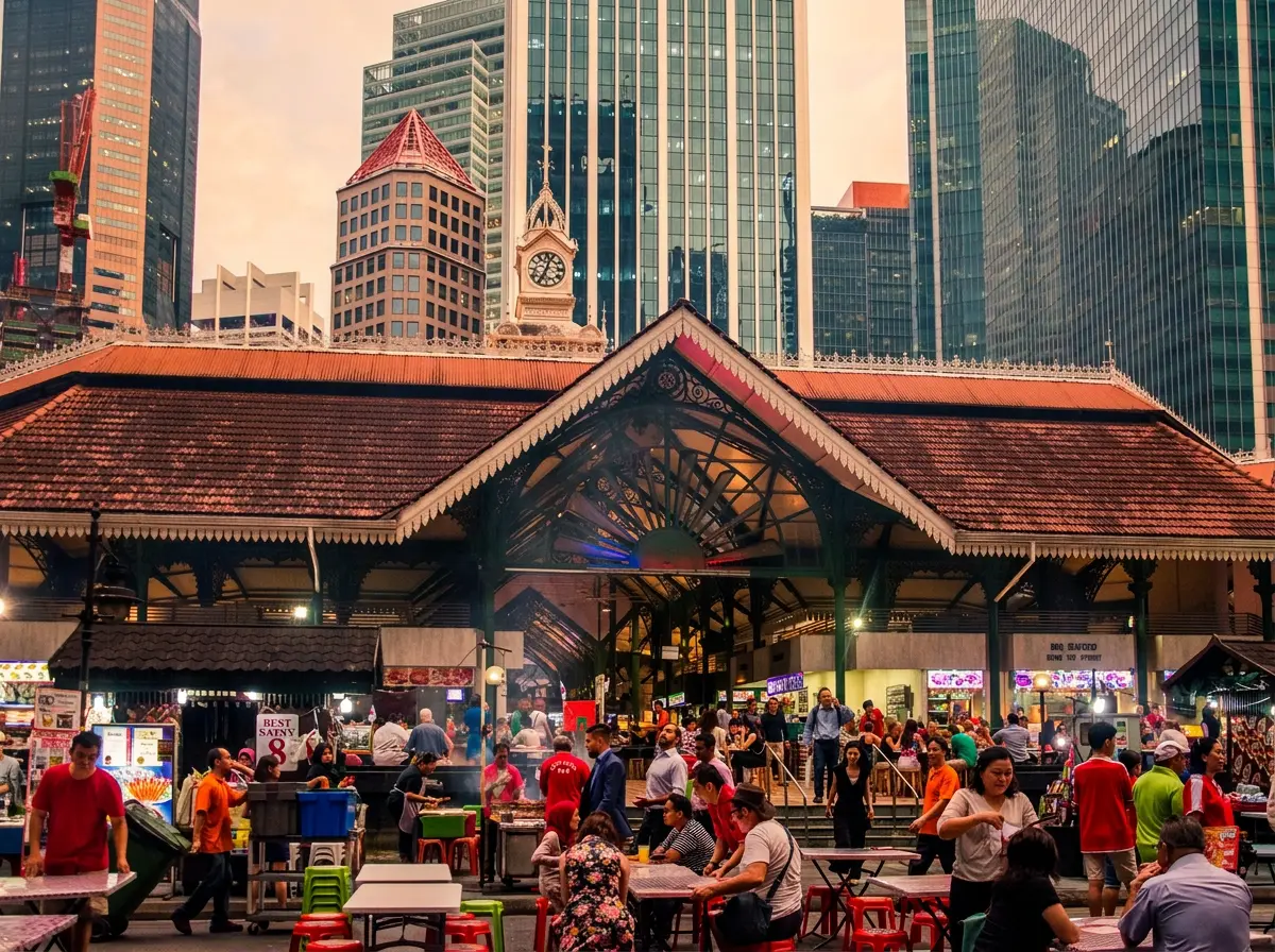 Bustling outdoor dining area at Lau Pa Sat hawker centre in Singapore, featuring crowds of people at plastic tables in front of the historic, open-sided structure with towering modern skyscrapers rising in the background.