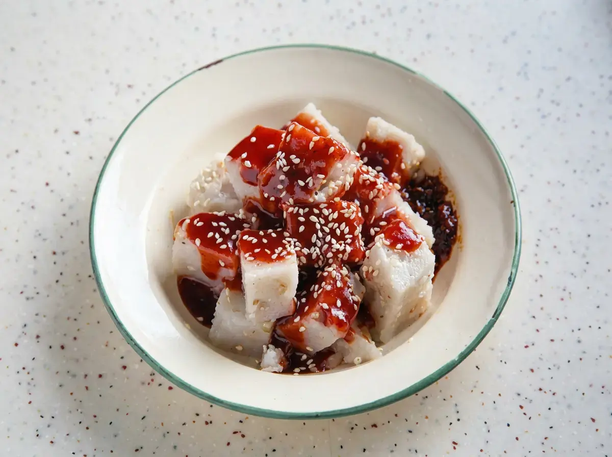 A bowl of cubed steamed yam cake covered in a sweet red sauce, sprinkled with sesame seeds, and served with a side of chili paste.