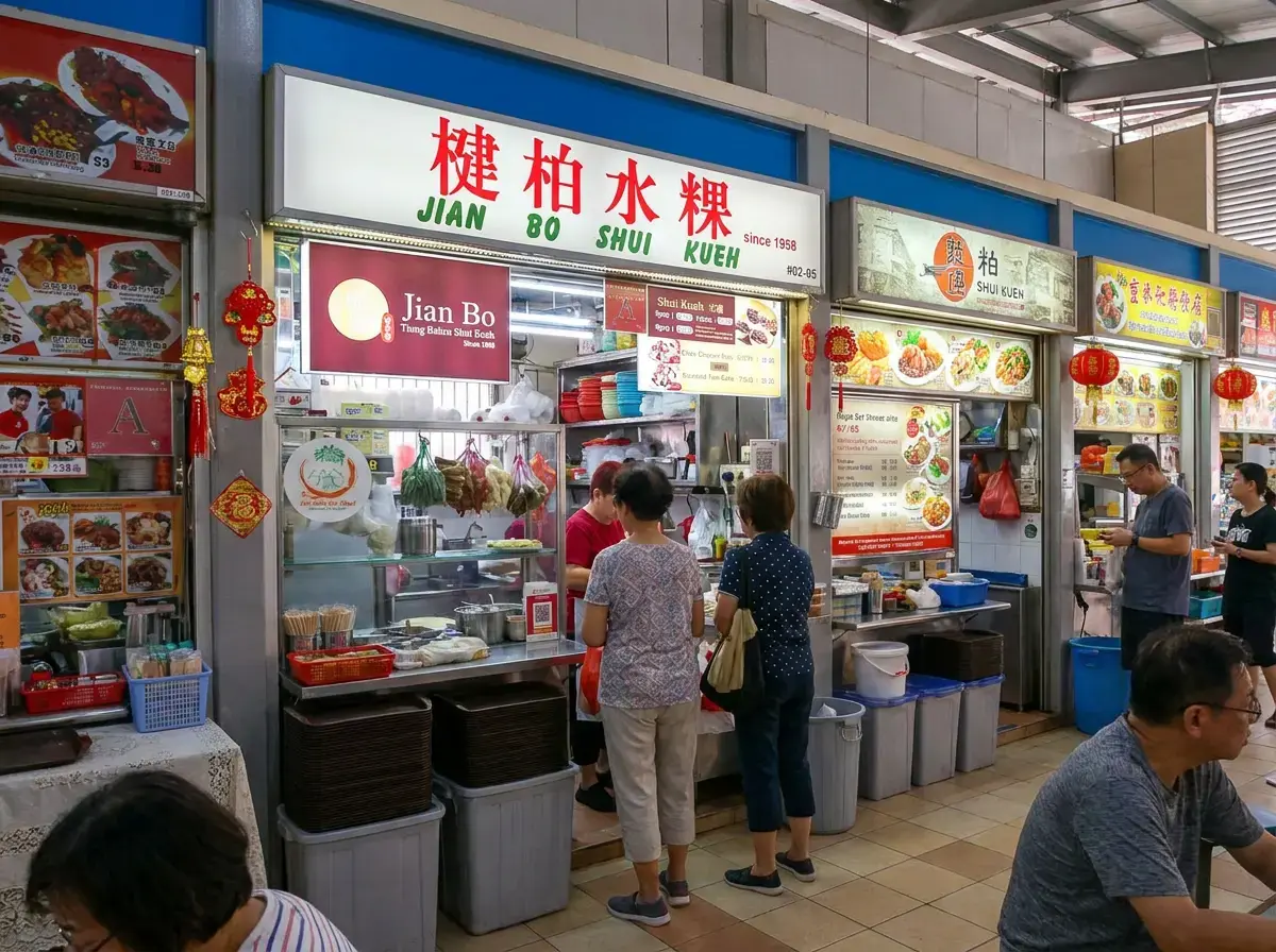 Customers waiting in line at a "Jian Bo Shui Kueh" food stall located inside a busy hawker center.