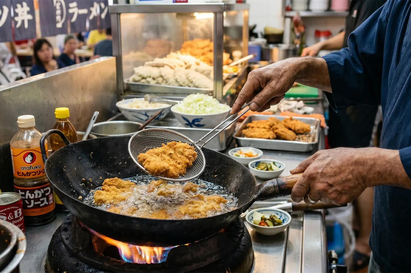 A chef frying golden, breaded pork cutlets in a wok at a Japanese restaurant, with Otafuku tonkatsu sauce visible on the counter.