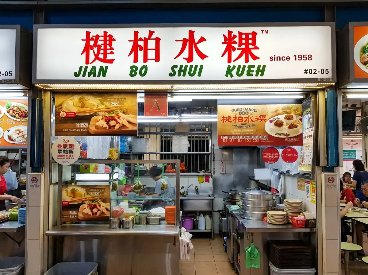A straight-on view of the "Jian Bo Shui Kueh" food stall storefront with its prominent white and red signage, displaying menu signs and a Grade A food hygiene rating banner.