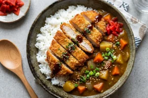 A bowl of Japanese katsu curry served with crispy breaded pork cutlet, steamed white rice, and carrots in a rich brown curry sauce, garnished with scallions and sesame seeds.