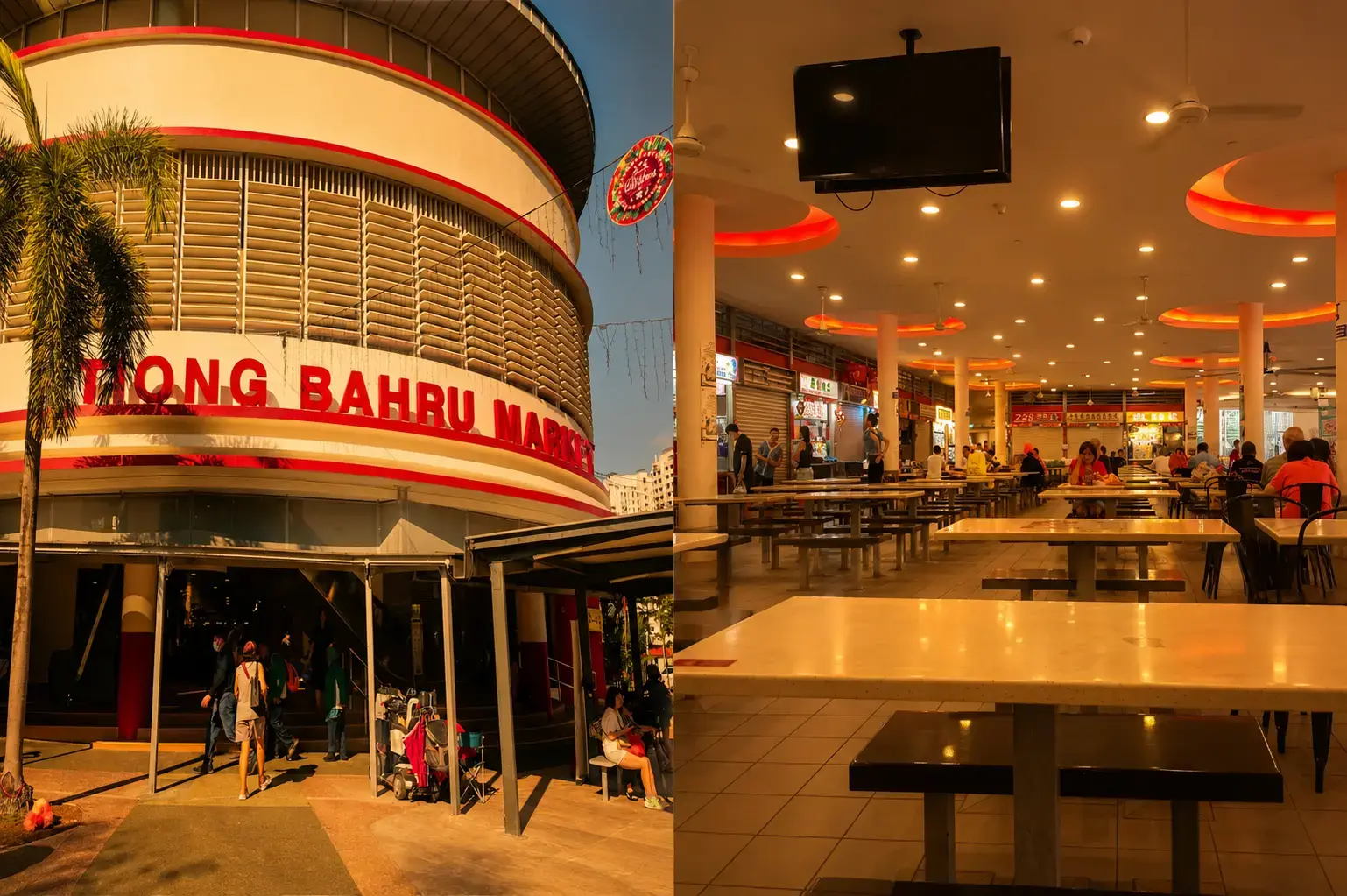 A split-screen image featuring the curved, white exterior and red signage of Tiong Bahru Market on the left, and a wide view of the indoor dining area with rows of tables under warm lighting on the right.