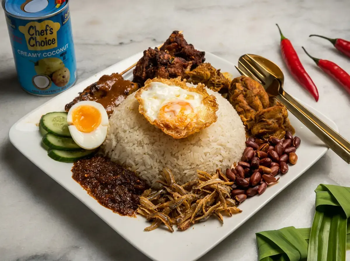 A close-up shot of a plate of nasi lemak, showing a piece of fried chicken smothered in thick, dark red sambal chili alongside coconut rice topped with a fried egg.