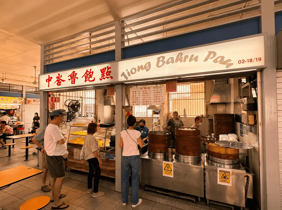 Customers queuing in front of a traditional food stall named "Tiong Bahru Pau," featuring large bamboo steamers stacked on the counter and a warm, brightly lit menu sign.