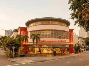 Wide shot of the distinctive art deco exterior of Tiong Bahru Market in Singapore under a warm, golden sunset light, featuring its curved facade, red and white accents, and prominent orange signage.