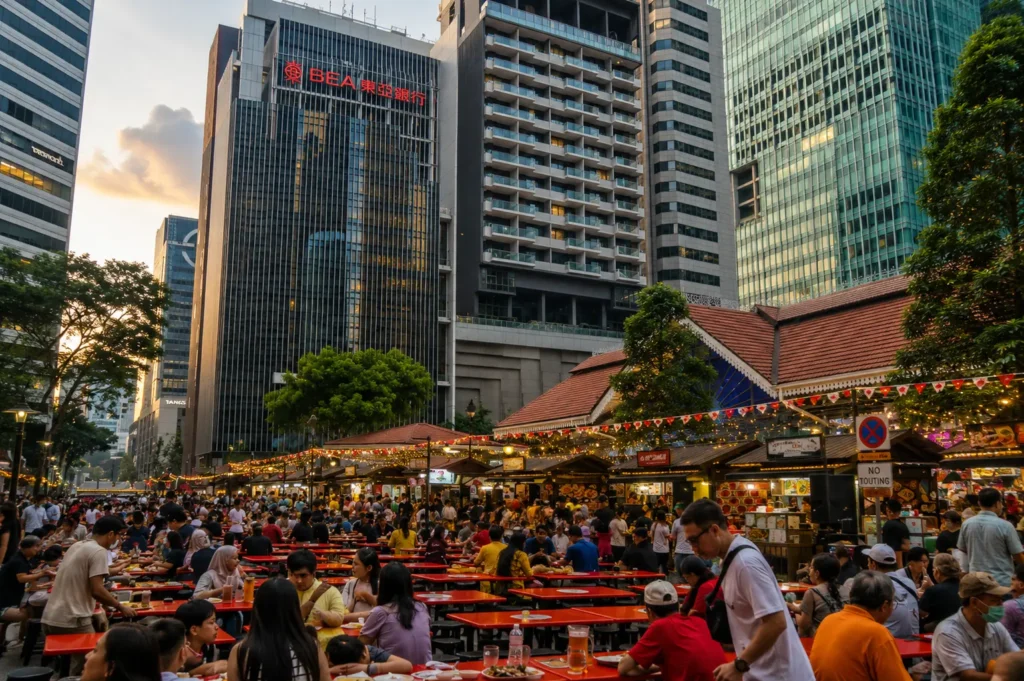 A crowded outdoor food street at dusk, with numerous people dining at rows of red tables lined with market stalls, set against a backdrop of modern city skyscrapers.