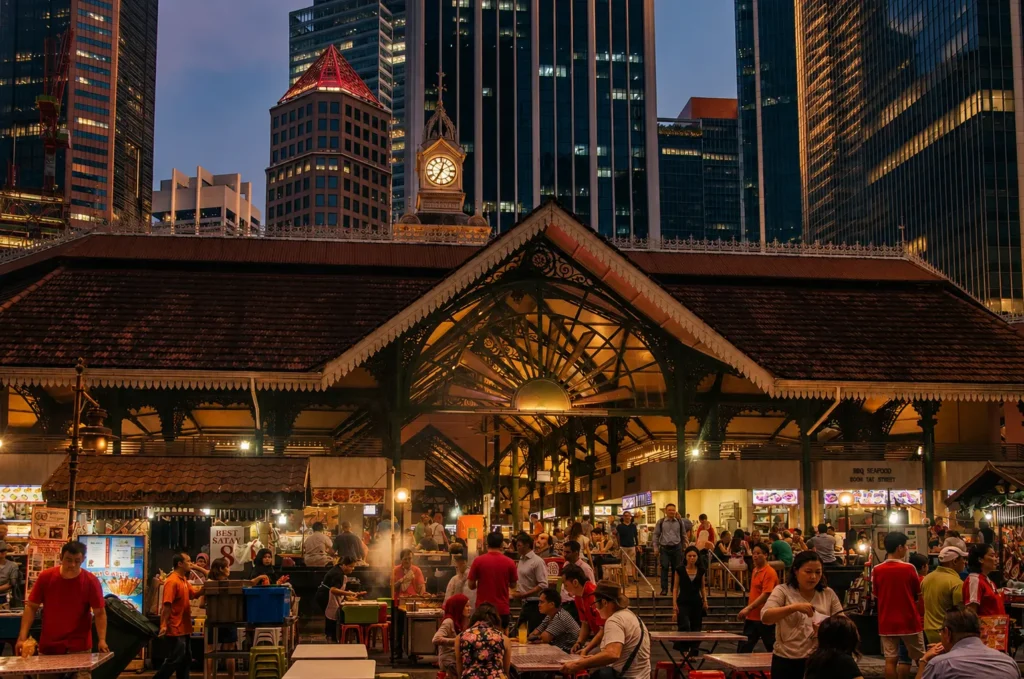 A bustling evening at the historic Lau Pa Sat food market in Singapore, featuring its Victorian-era structure and clock tower framed by towering modern skyscrapers.