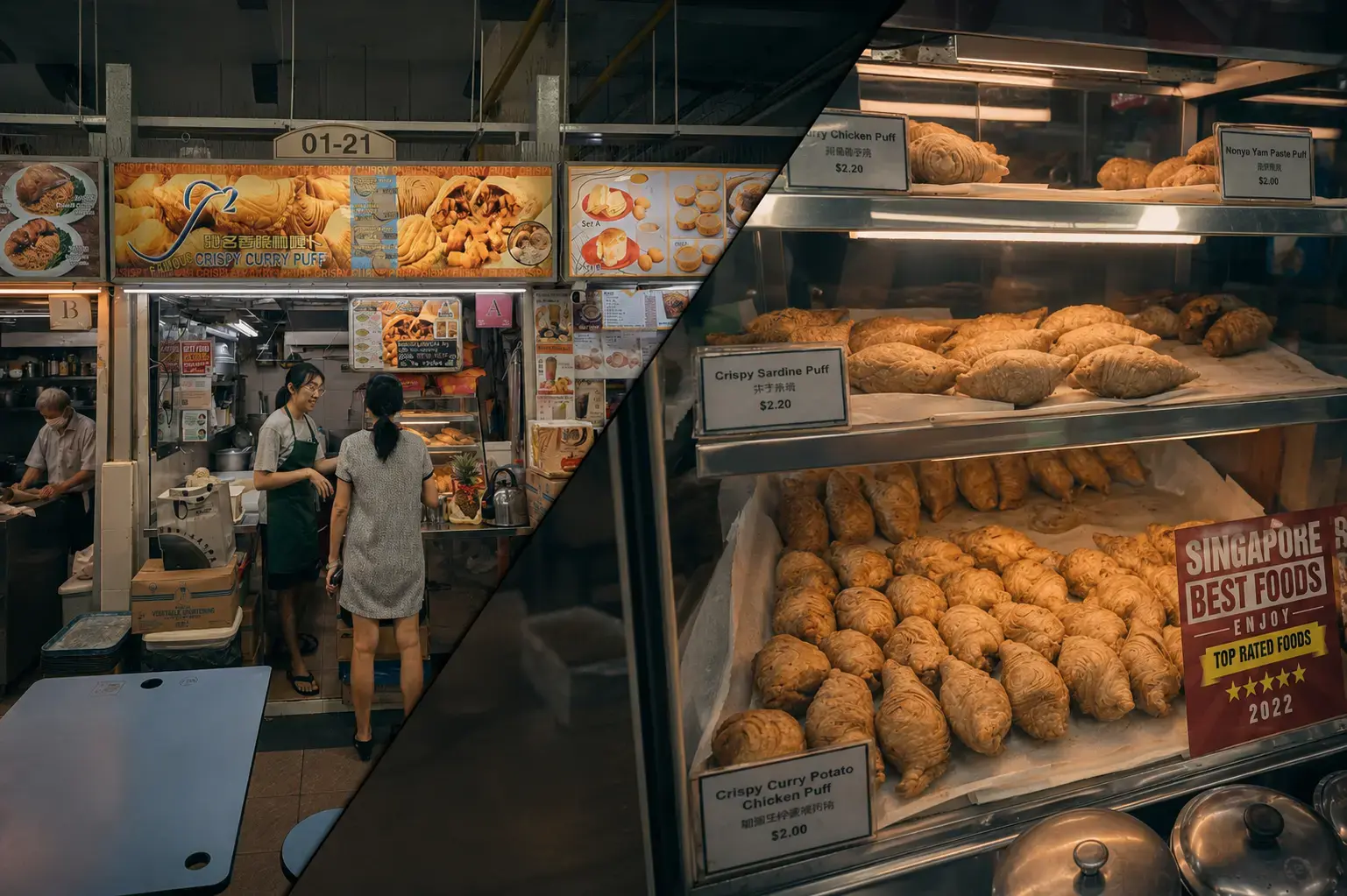 "A split image showing a customer interacting with a vendor at a J2 Famous Crispy Curry Puff stall on the left, and a close-up of golden, flaky curry puffs on display shelves on the right."