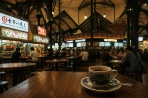 A close-up of a traditional patterned ceramic cup of black coffee on a wooden table, with a bustling, high-ceilinged food court (kopitiam) blurred in the background.
