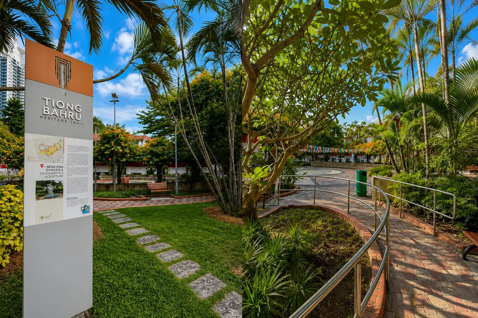 A split-screen image showing Seng Poh Garden along the Tiong Bahru Heritage Trail, featuring an informational signpost on the left and a paved walkway with metal handrails surrounded by lush tropical greenery on the right.