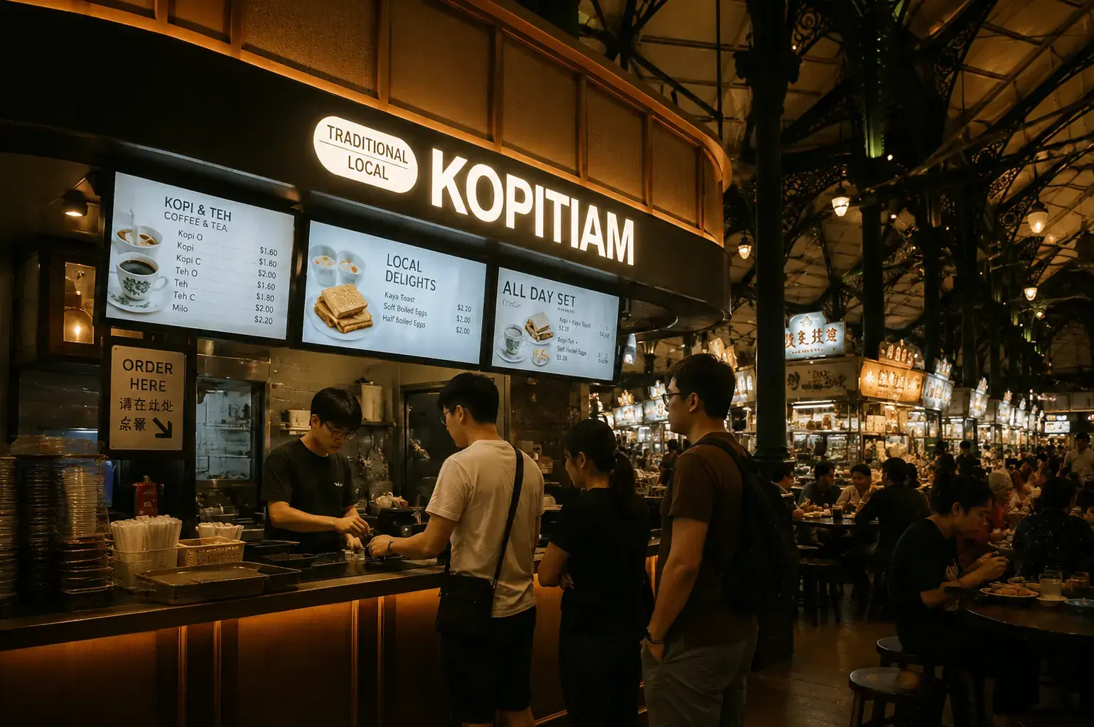 Customers lining up to order at a warmly lit traditional "Kopitiam" food stall inside a busy indoor market.