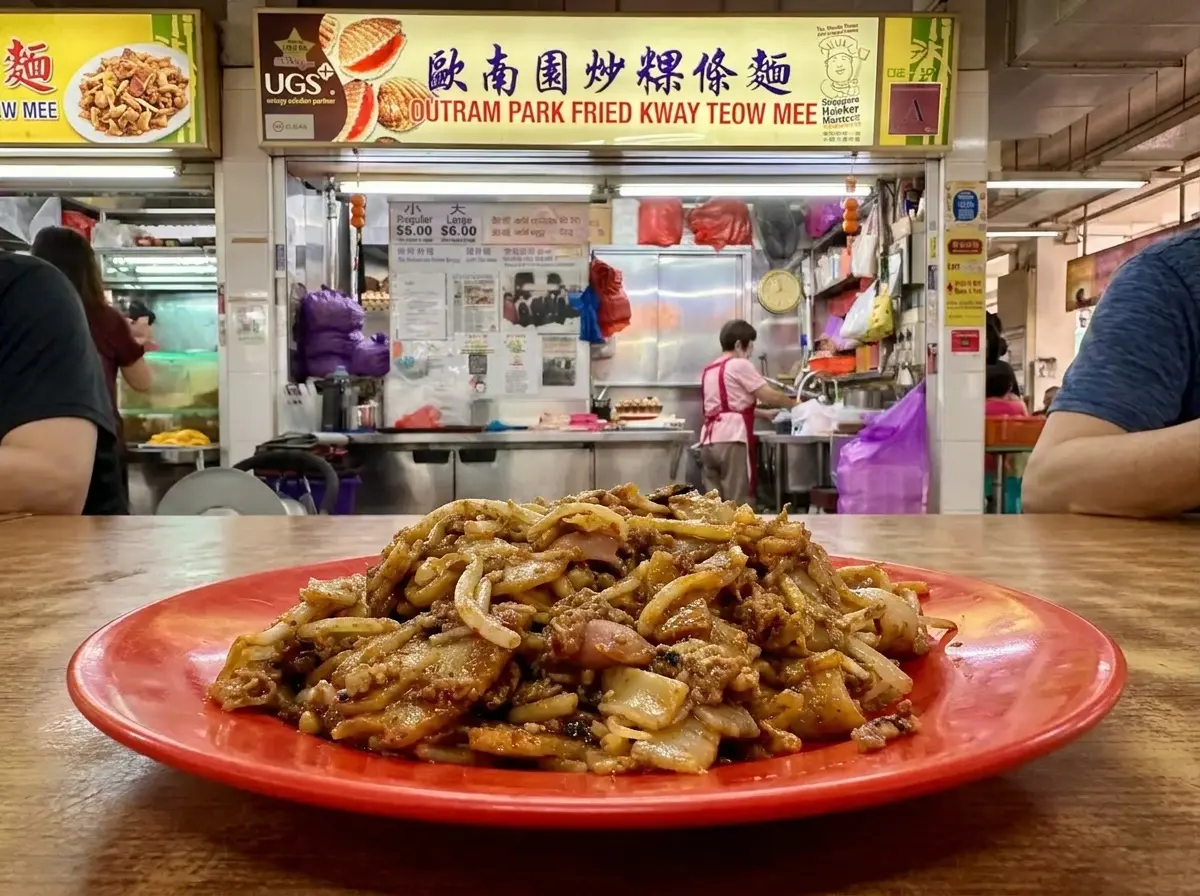 "A large red plate of stir-fried Char Kway Teow noodles on a wooden table, with the 'Outram Park Fried Kway Teow Mee' hawker stall visible in the background."
