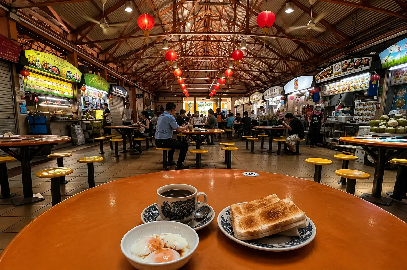 Kaya toast, soft-boiled eggs, and coffee served on an orange table in a busy, high-ceilinged hawker center decorated with red lanterns.