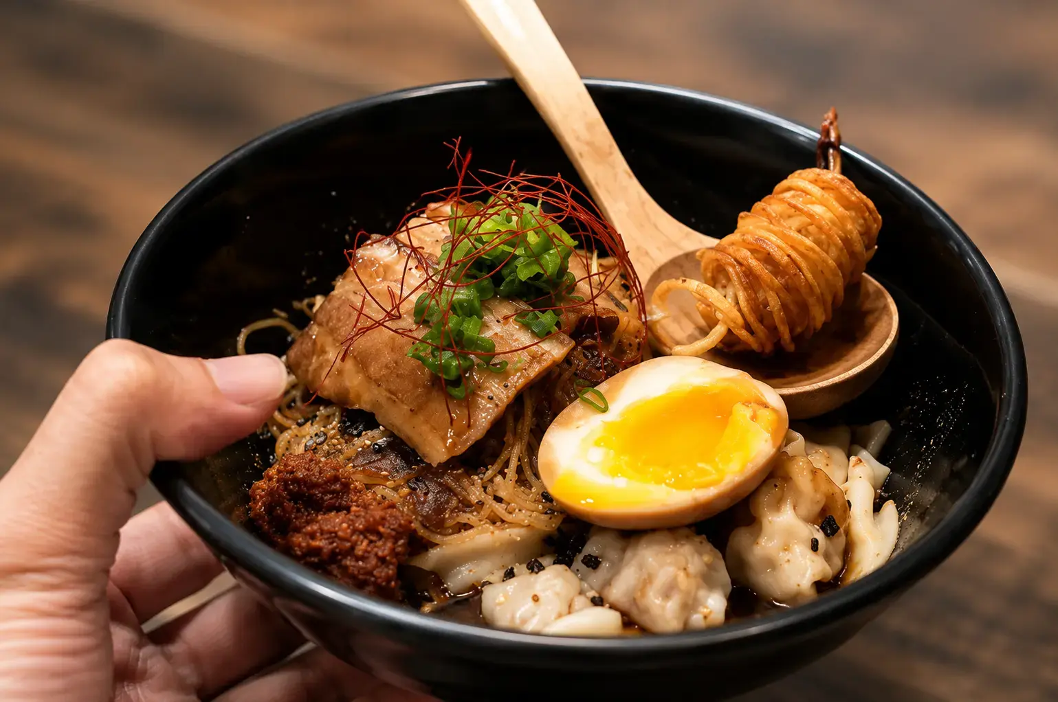 A hand holding a black bowl of noodles topped with braised pork belly, a soft-boiled egg half, dumplings, and a potato-wrapped prawn.