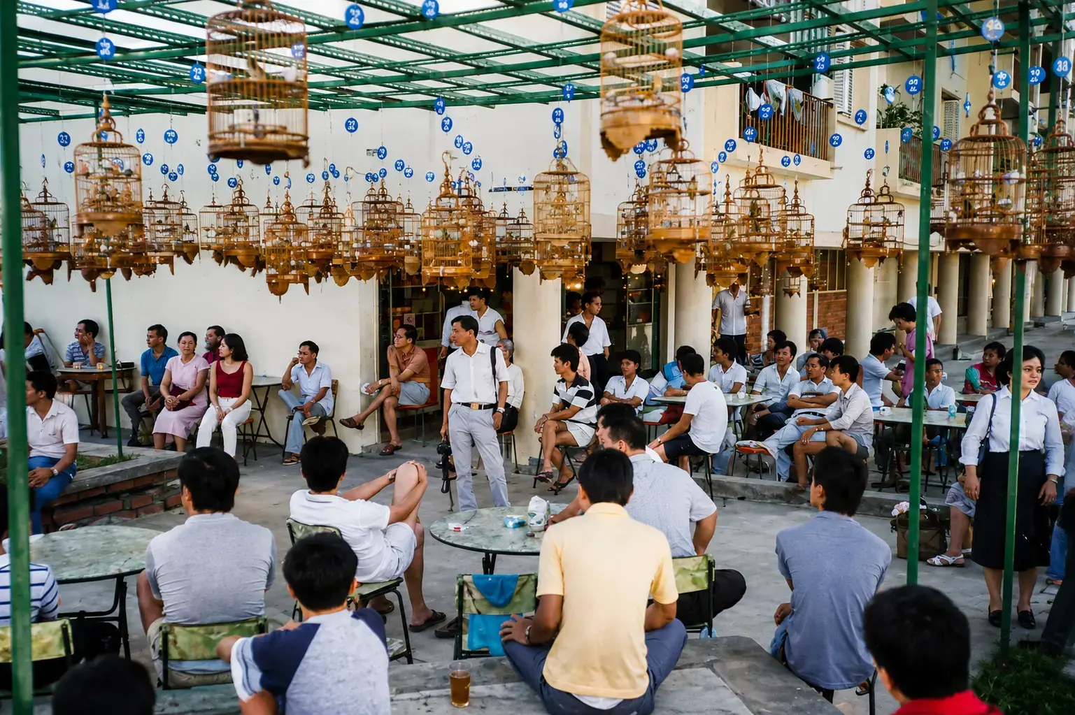 A wide shot of a crowded outdoor cafe or courtyard where numerous people sit at small tables beneath a green trellis heavily hung with dozens of decorative wooden birdcages.