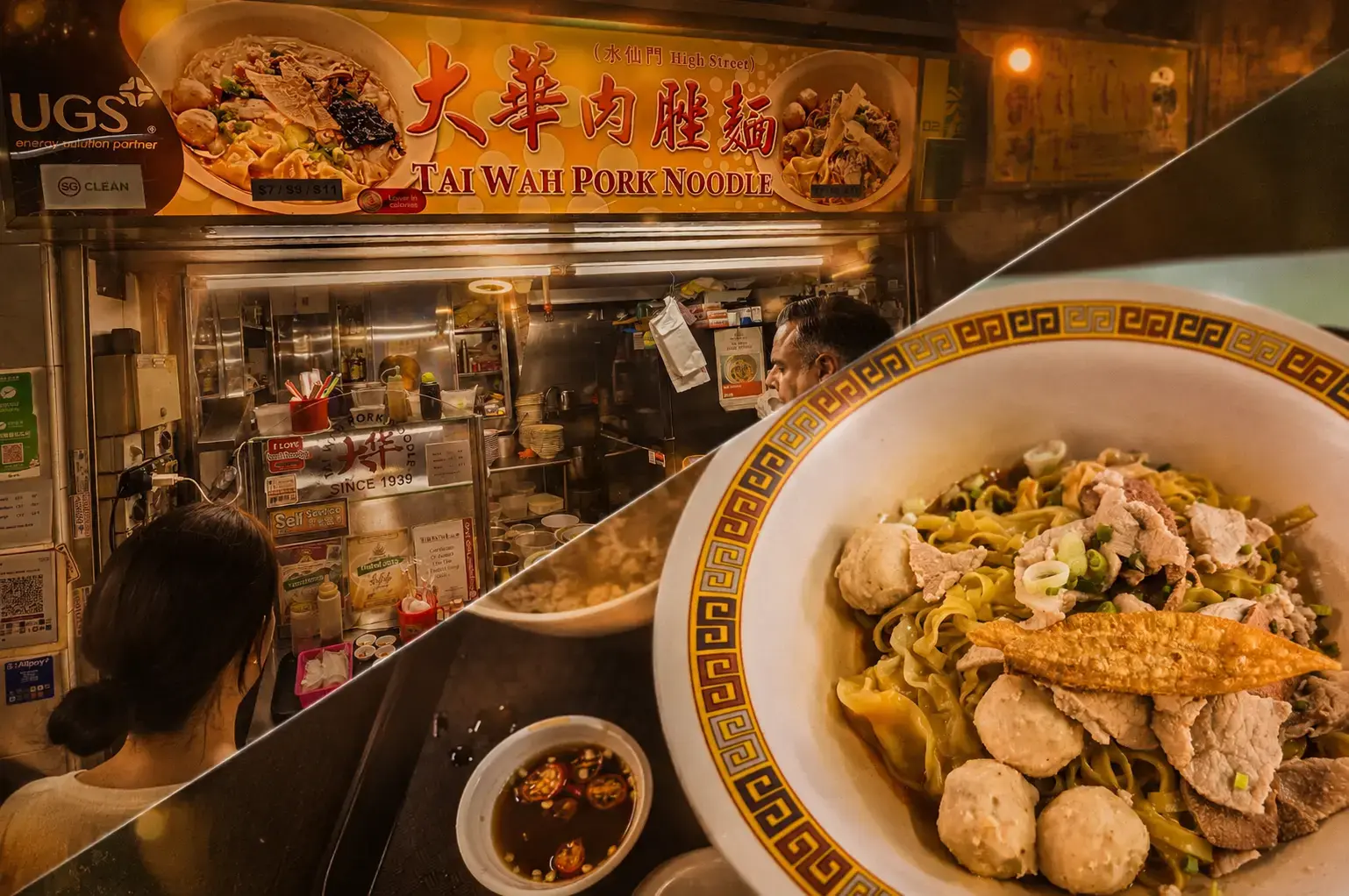 A split-screen image showing the "Tai Wah Pork Noodle" hawker stall on the left, and a close-up of a bowl of pork noodles with meatballs, sliced meat, and dumplings on the right.