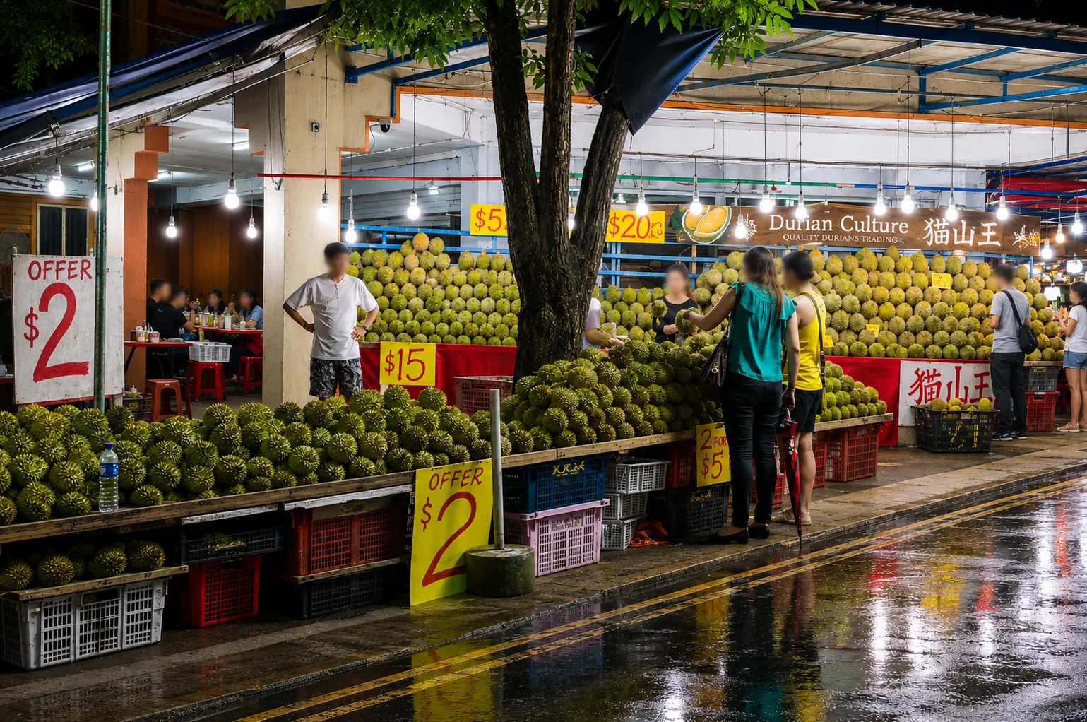 customers browse a brightly lit night market stall named "Durian Culture," featuring massive stacked walls of whole durians and prominent yellow price signs on a wet street.
