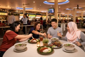 Four diverse friends smiling and sharing a variety of dishes, including Nasi Lemak, satay, and noodle soup, at a round table inside a brightly lit hawker center.