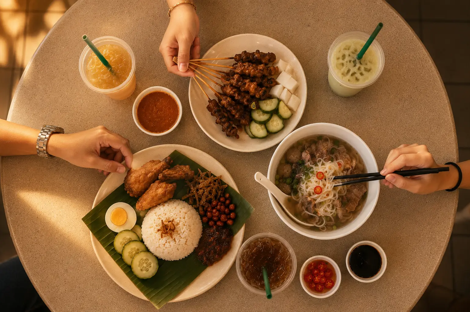 Top-down view of people reaching for plates of satay skewers, Nasi Lemak, noodle soup, and iced drinks around a circular table.