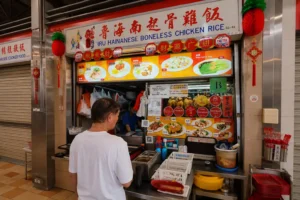 "A man standing in front of a brightly lit food stall named 'Tiong Bahru Hainanese Boneless Chicken Rice' at a hawker center."