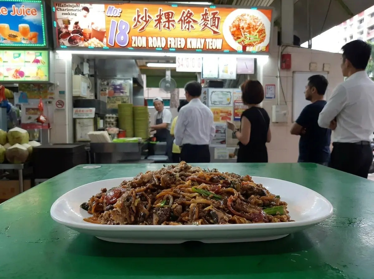 "A white plate of stir-fried Char Kway Teow noodles on a green table, with customers waiting outside the 'No. 18 Zion Road Fried Kway Teow' hawker stall in the background."