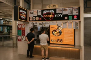 Two men standing in front of "A Noodle Story" food stall at a hawker center, looking at the illuminated menu board.